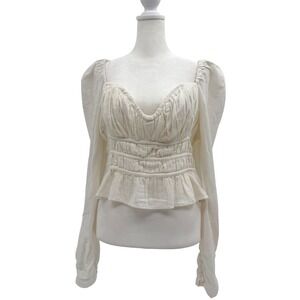 NWT Free People Chloe Smocked Tie Neck Cotton Top Medium White‎ Cream Cottage